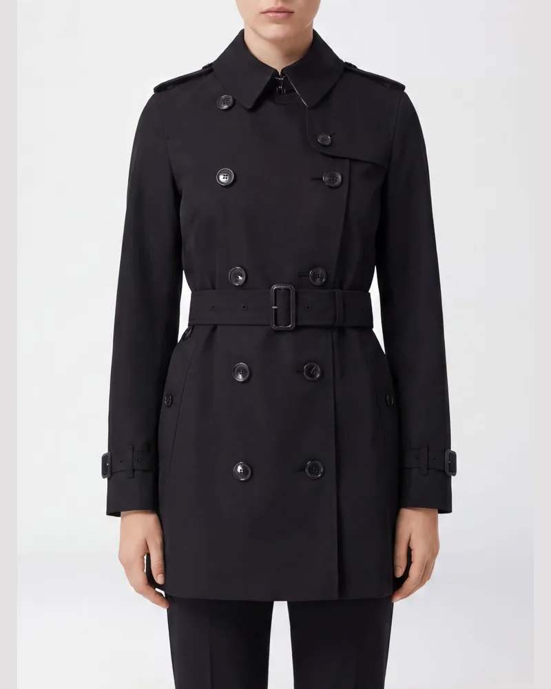 Burberry Kurzer zweireihiger Baumwoll-Trenchcoat mit verstellbarem Gürtel Schwarz