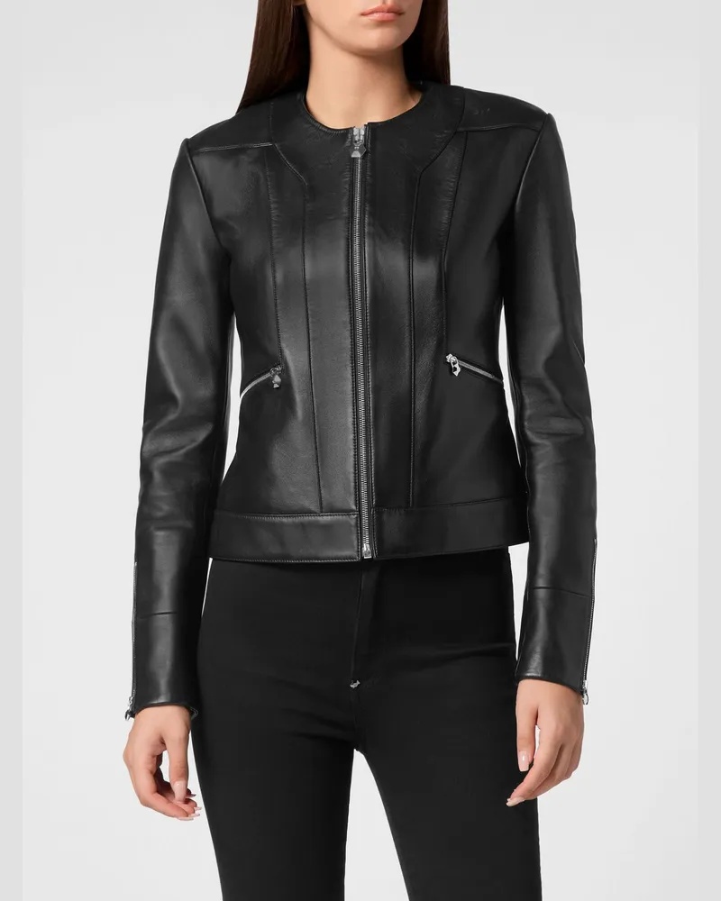 Philipp Plein Kurze Slim-Fit Bikerjacke aus glattem Kalbsleder Schwarz