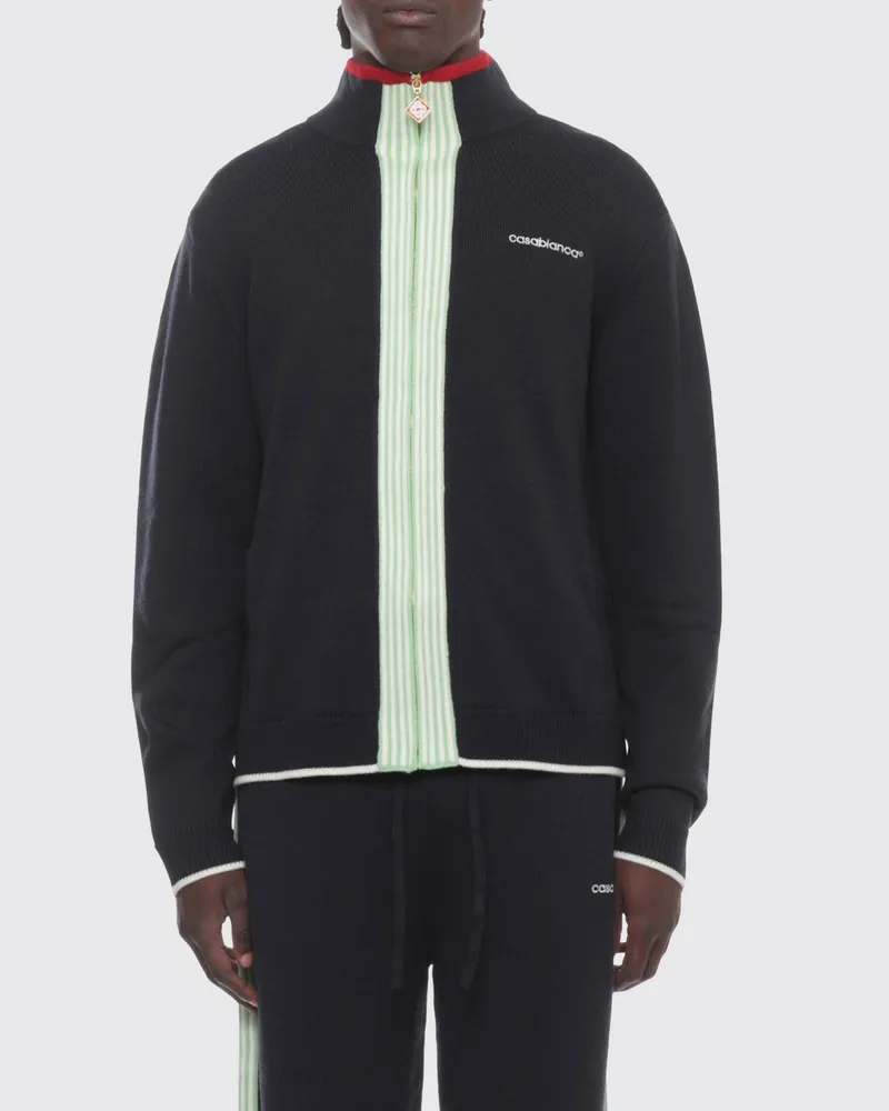 Casablanca Paris Gestreifter Cardigan aus Merinowolle von mit Rollkragen und Reißverschluss Navy
