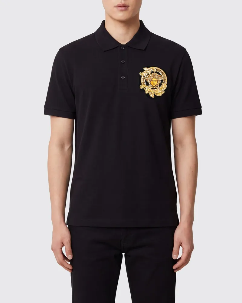 Versace Kurzarm-Poloshirt aus Baumwolle mit kontrastierendem Medusa-Logo Schwarz