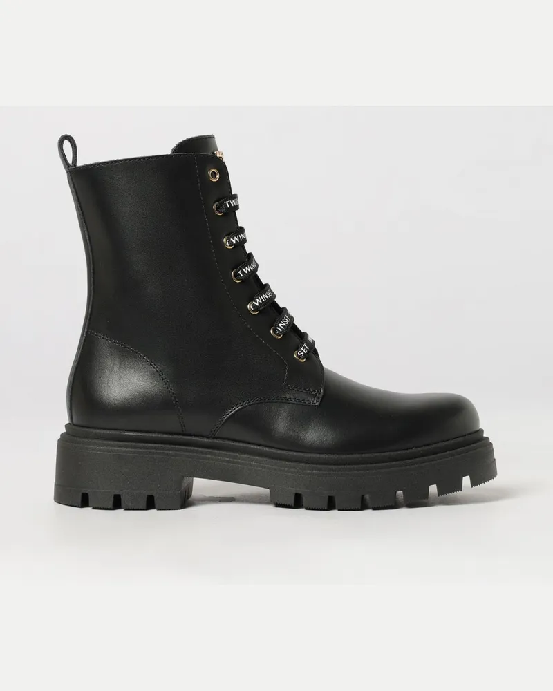 Twin-Set Mädchen-Combat-Boots aus Glattleder mit gekerbter Sohle und seitlichem Reißverschluss Schwarz