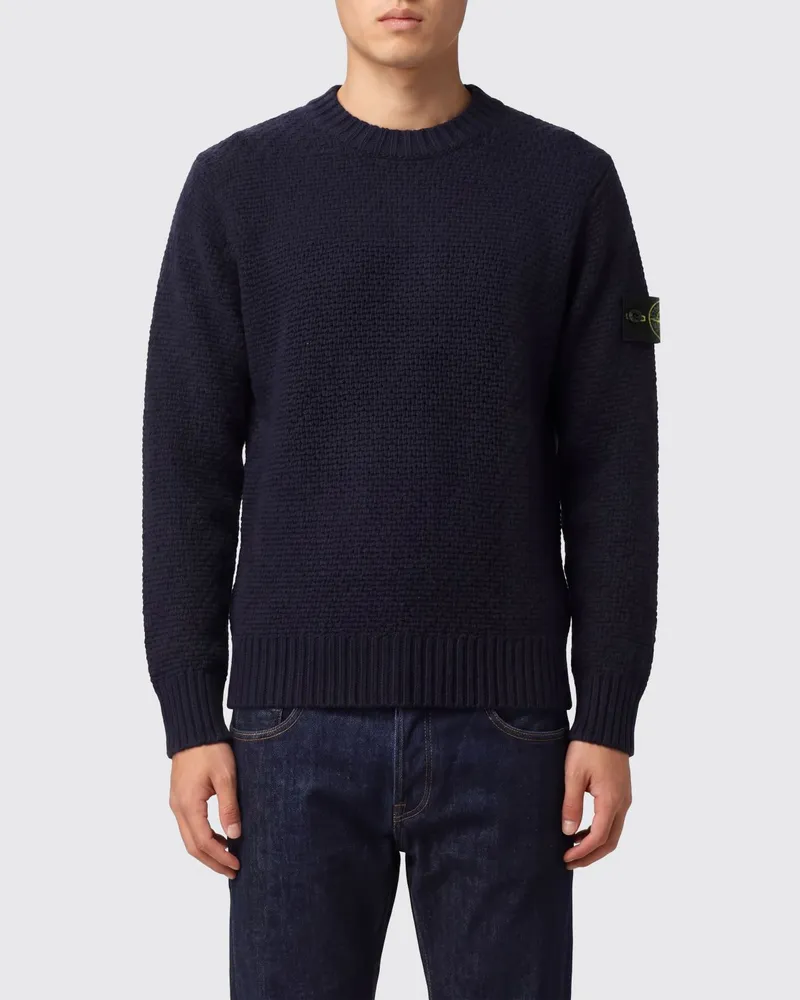 Stone Island Pullover aus Schurwollmischung mit Rundhalsausschnitt und Kompass-Logoaufnäher Blau