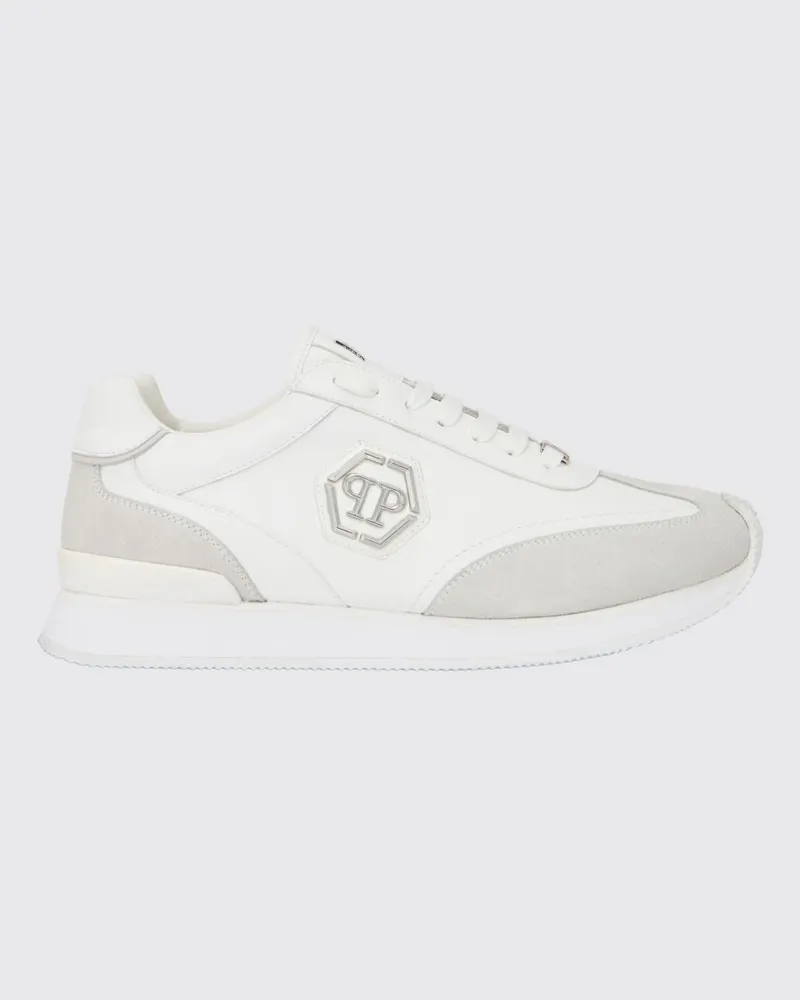 Philipp Plein Low-Top-Sneakers aus Leder und Veloursleder mit Hexagon-Logo und Monogramm Weiß
