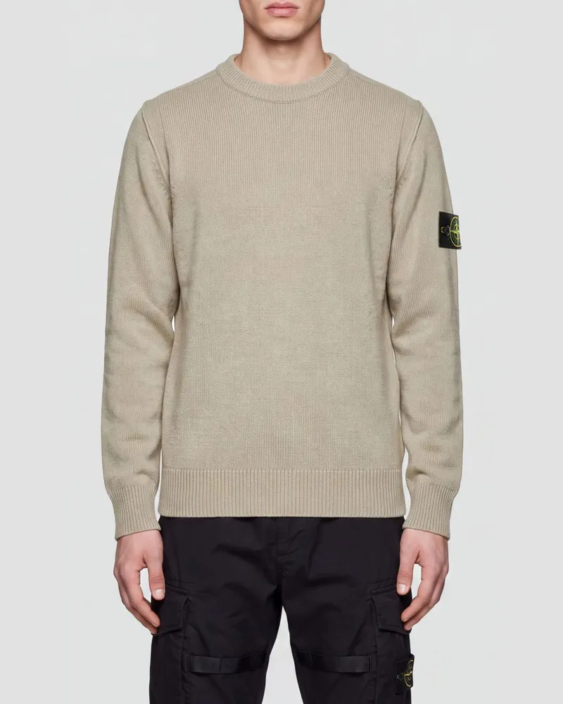 Stone Island Rundhalspullover aus Schurwolle mit Compass-Logo-Patch Beige