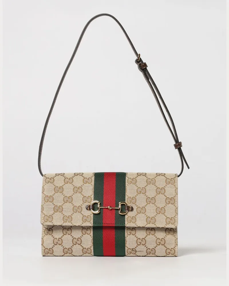 Gucci Gestreifte Mini-Tasche von aus Monogramm-Jacquard mit Horsebit-Detail Beige
