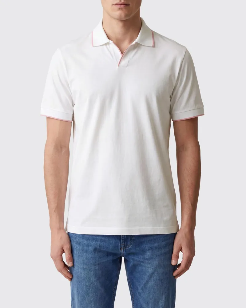 MOORER Kurzärmeliges Baumwoll-Poloshirt mit V-Ausschnitt mit Kontrastbesätzen Weiß