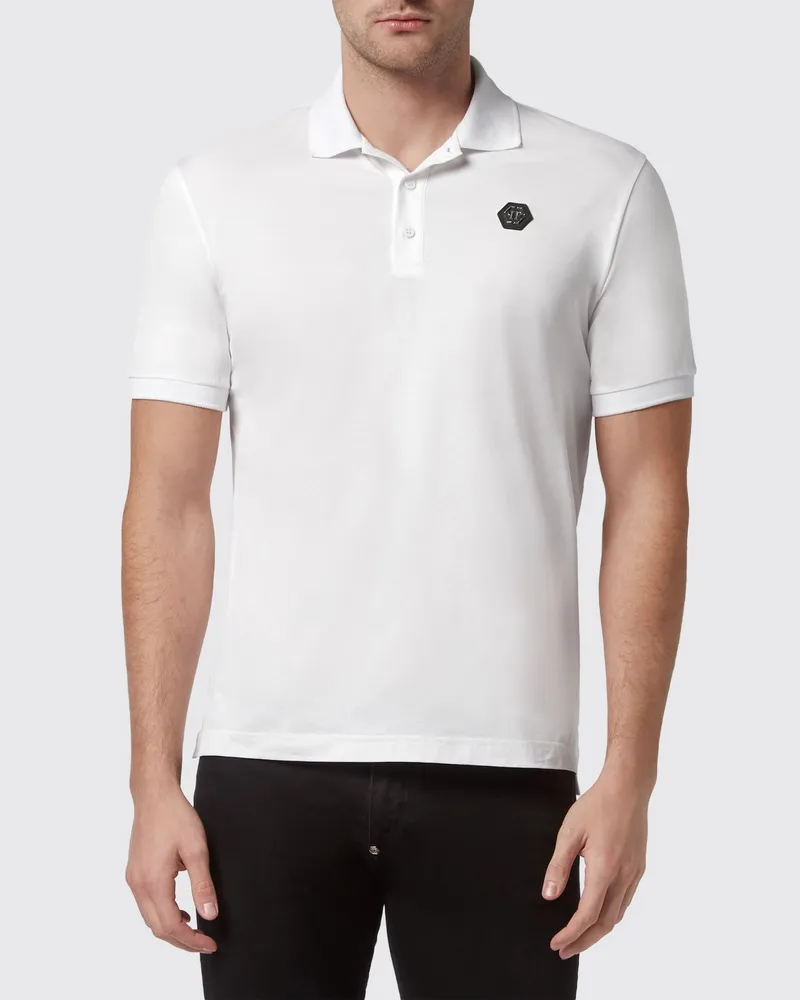 Philipp Plein Kurzärmeliges Baumwoll-Poloshirt mit Totenkopf-Print und Logo Weiß