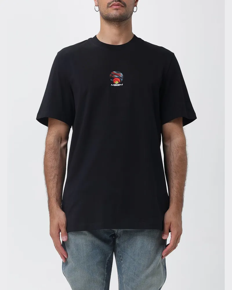 MSGM Baumwoll-T-Shirt mit Rundhalsausschnitt und Kontrast-Logodruck auf der Brust Schwarz