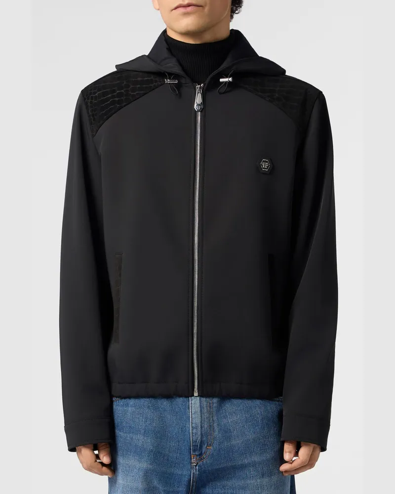 Philipp Plein Windbreaker-Jacke mit Kapuze, Kroko-Print und Hexagon-Logo Schwarz