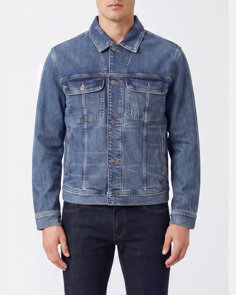 Emporio Armani Kurze Jeansjacke aus Baumwoll-Denim mit Pattentaschen Blau