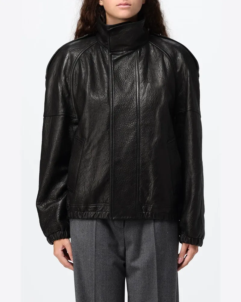 Saint Laurent Kurze Lammlederjacke mit gerafften Schultern Schwarz