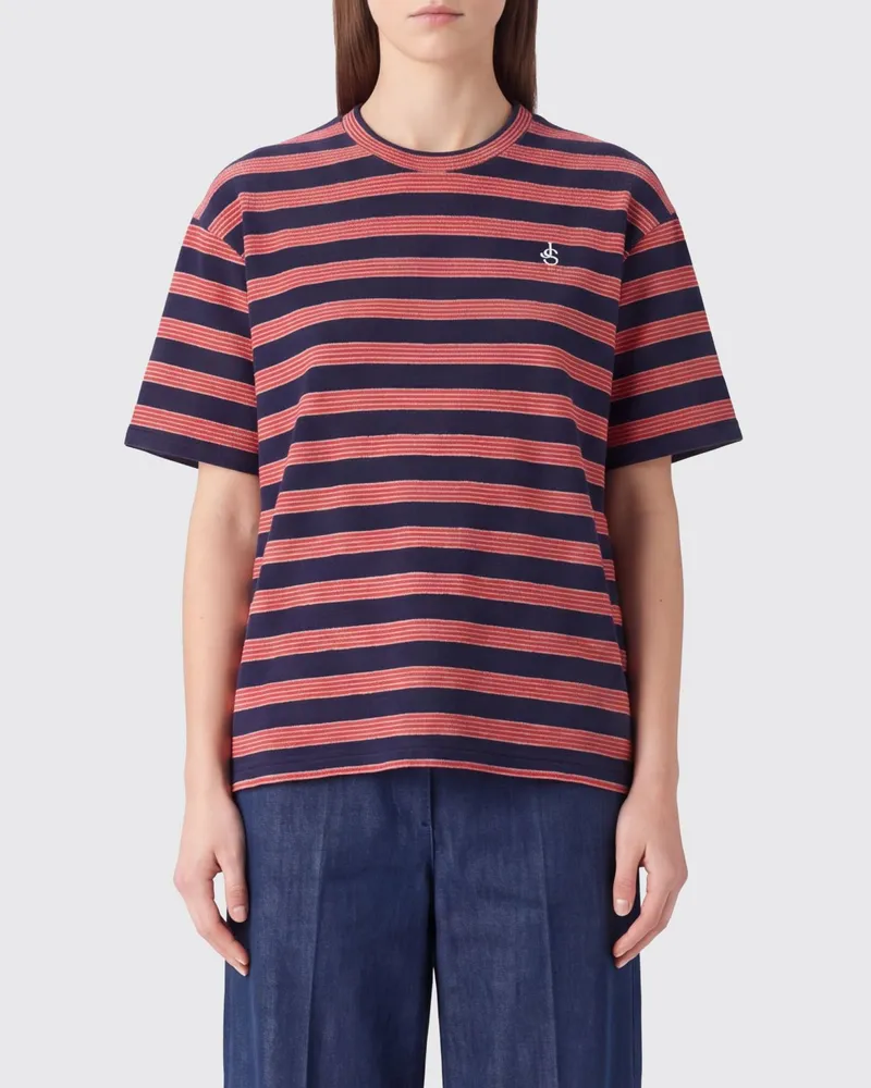 Jil Sander Gestreiftes Baumwoll-T-Shirt mit Rundhalsausschnitt und gesticktem Logo Rot