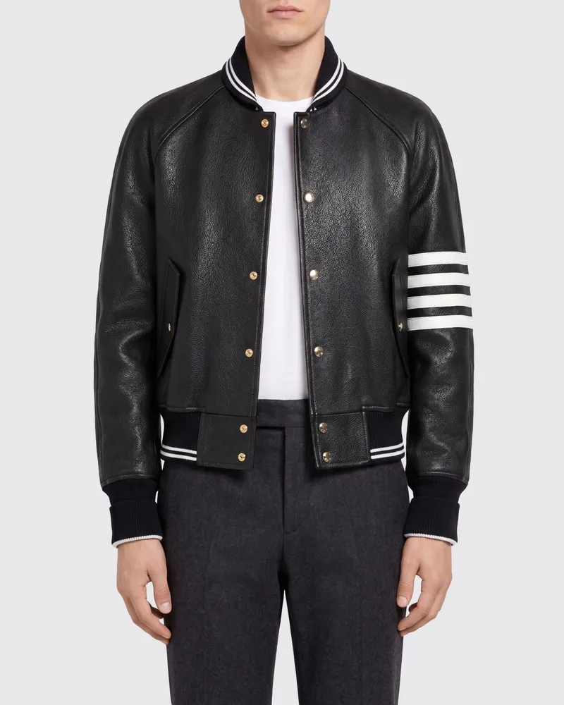 Thom Browne 4-Bar-Bomberjacke aus Baumwolle mit Lederdetails Schwarz
