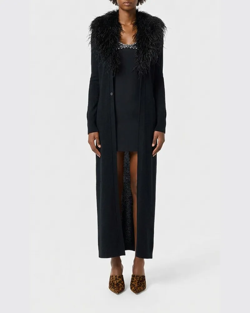 Blumarine Langer Cardigan aus 100% Wolle mit V-Ausschnitt und Pelzkragen Schwarz