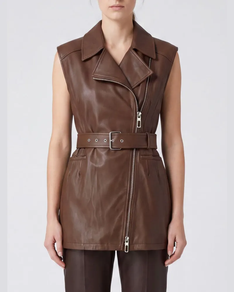 SPORTMAX Kurze Biker-Weste aus Leder mit verstellbarem Taillengürtel Braun