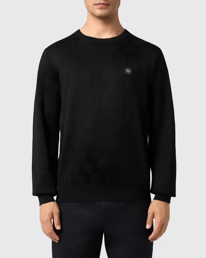 Philipp Plein Merinowollpullover mit Rundhalsausschnitt mit Jacquard-Hexagon-Logo Schwarz