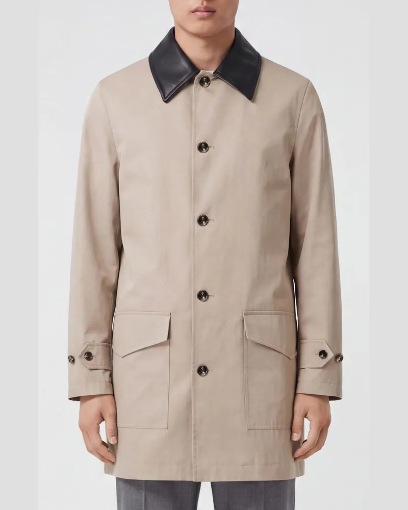 Burberry Knielanger Baumwoll-Trenchcoat mit kontrastierendem Lederkragen Beige