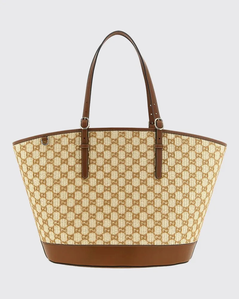 Gucci Große Raffia-Tote-Bag mit beflocktem GG-Monogramm und doppelten Griffen Braun
