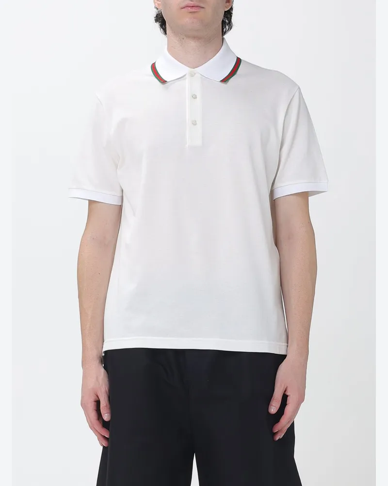 Gucci Kurzärmeliges Poloshirt aus Baumwolle mit Web-Detail und Kontrastbesatz Weiß