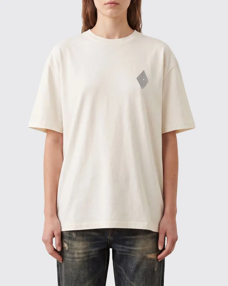 Amish Baumwoll-T-Shirt mit Kontrastlogo und überschnittenen Schultern Beige