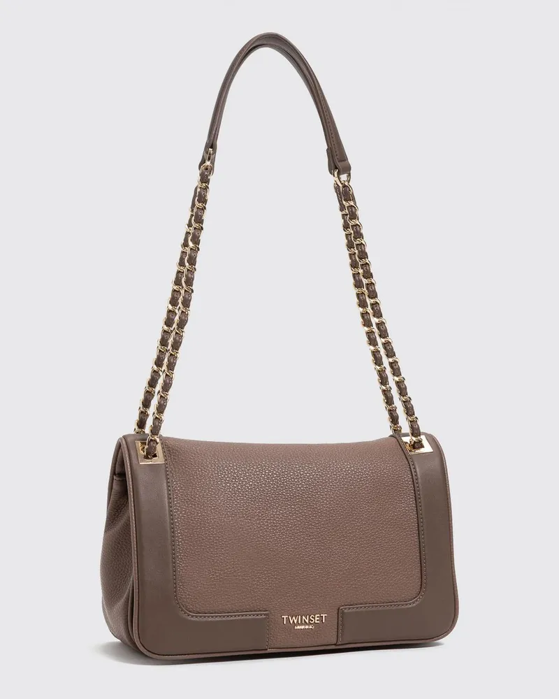 Twin-Set Schultertasche aus genarbtem Kunstleder mit geflochtenem Henkel Braun
