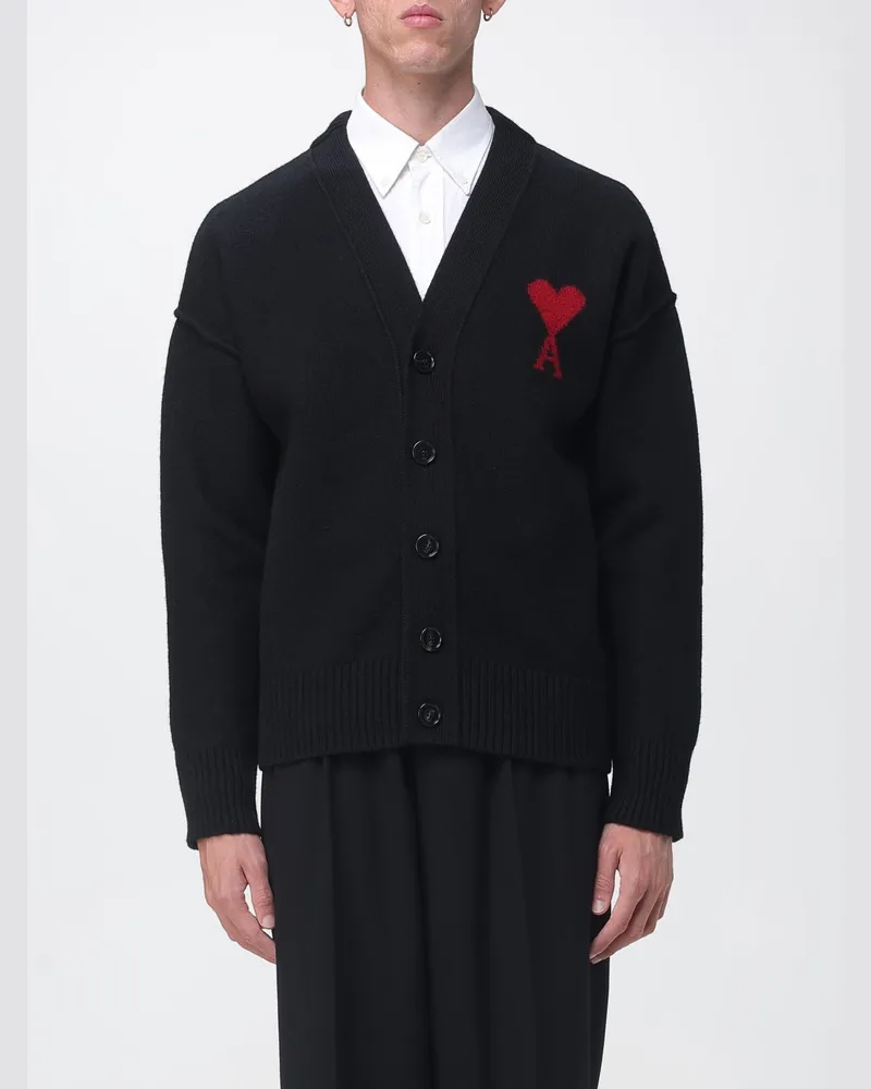 AMI Paris Woll-Cardigan von mit V-Ausschnitt und Logo Schwarz