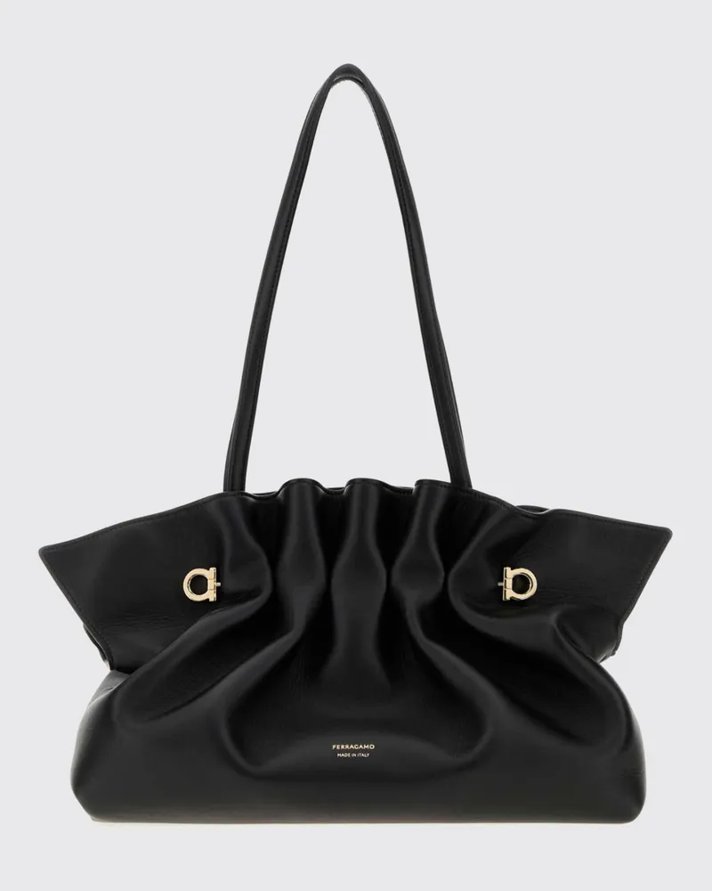 Ferragamo Soft Schultertasche aus gerafftem Nappaleder mit doppelten Henkeln Schwarz