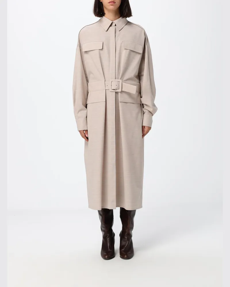 Fabiana Filippi Midi-Hemdblusenkleid aus Wollmischung mit Taillengürtel Beige