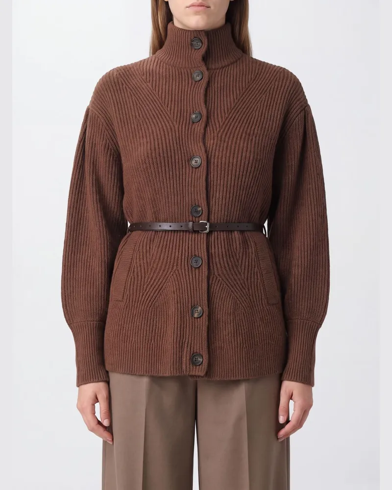 Brunello Cucinelli Rollkragen-Cardigan aus Wolle, Kaschmir und Seide mit Gürtel Braun