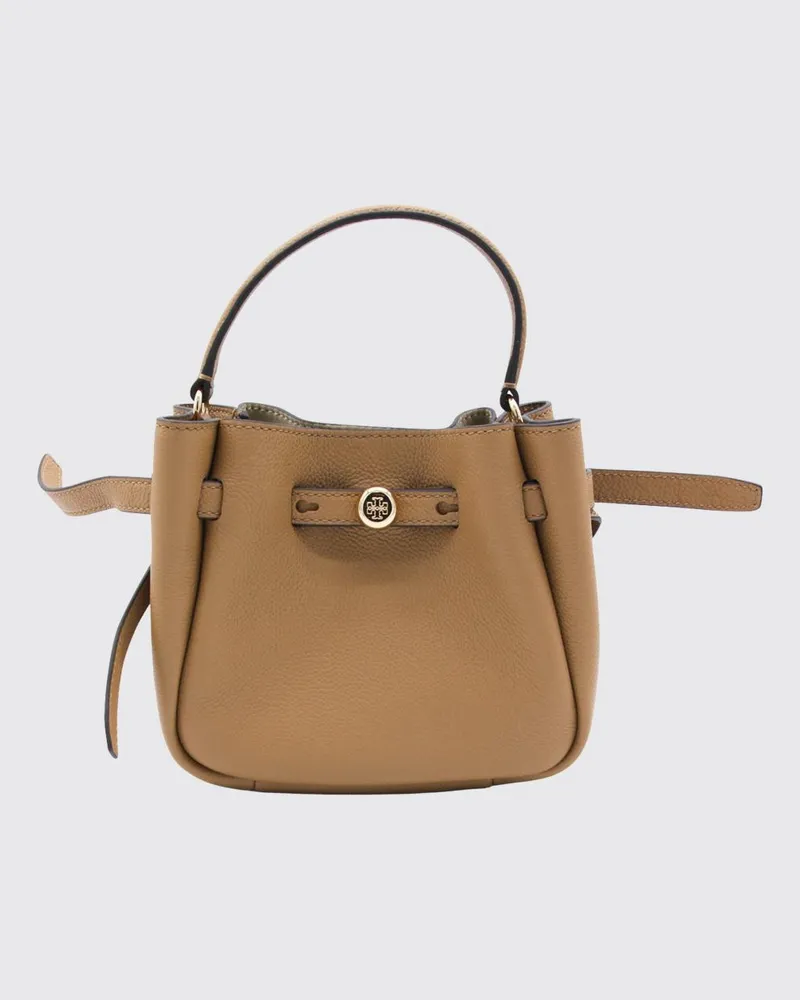 Tory Burch Romy Mini Bucket Bag aus genarbtem Leder mit Double T-Logo Braun