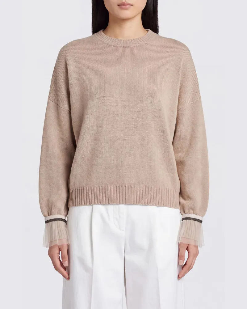 Brunello Cucinelli Locker geschnittener Pullover mit Rundhalsausschnitt und nickelfreiem Monili Beige