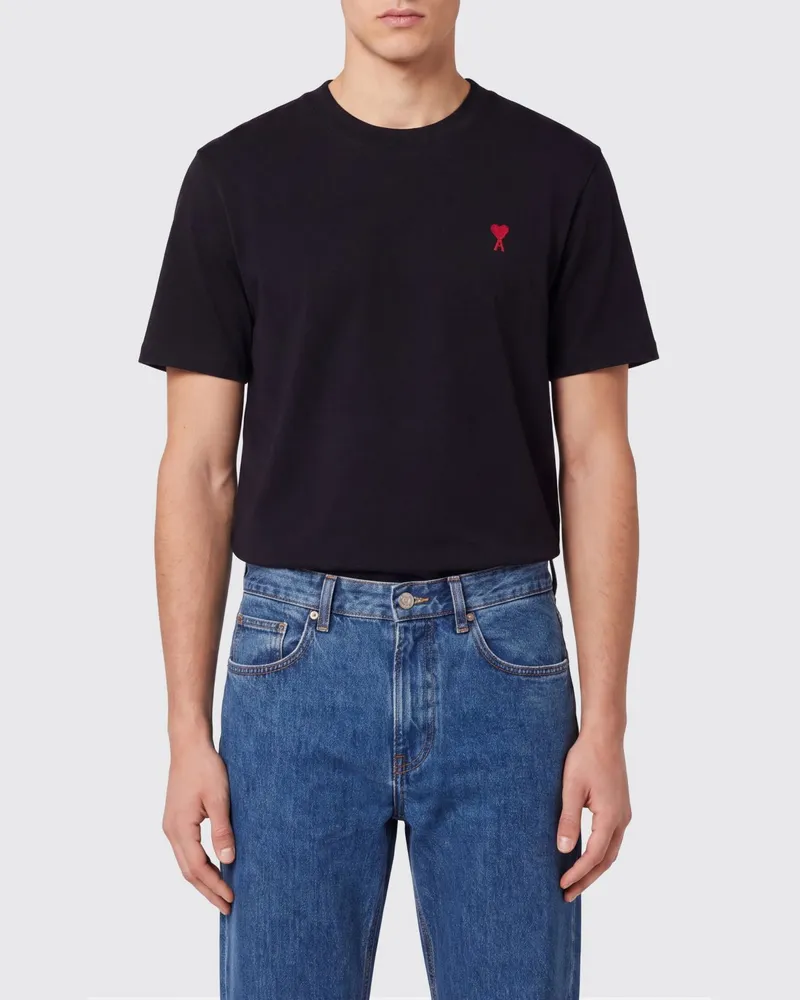 AMI Paris Rundhals-T-Shirt aus Bio-Baumwolle mit Ami de Coeur-Stickerei Blau