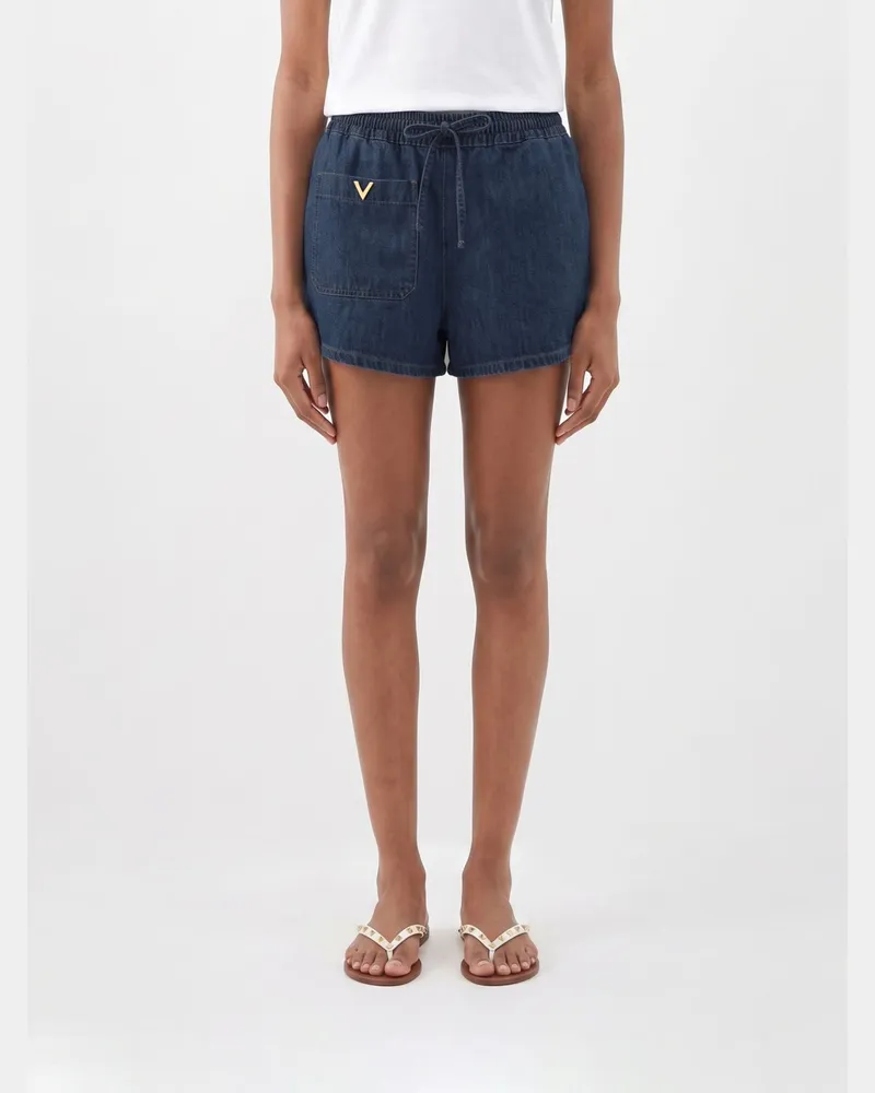 Valentino Garavani Baumwoll-Denim-Shorts mit Kordelzug in der Taille Blau