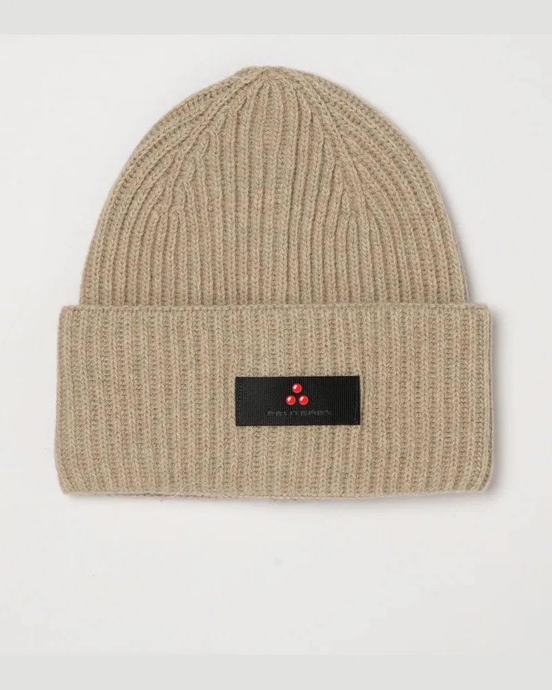 Peuterey Gerippte Beanie-Mütze aus Wolle und Kaschmir mit Umschlag und Logo Beige