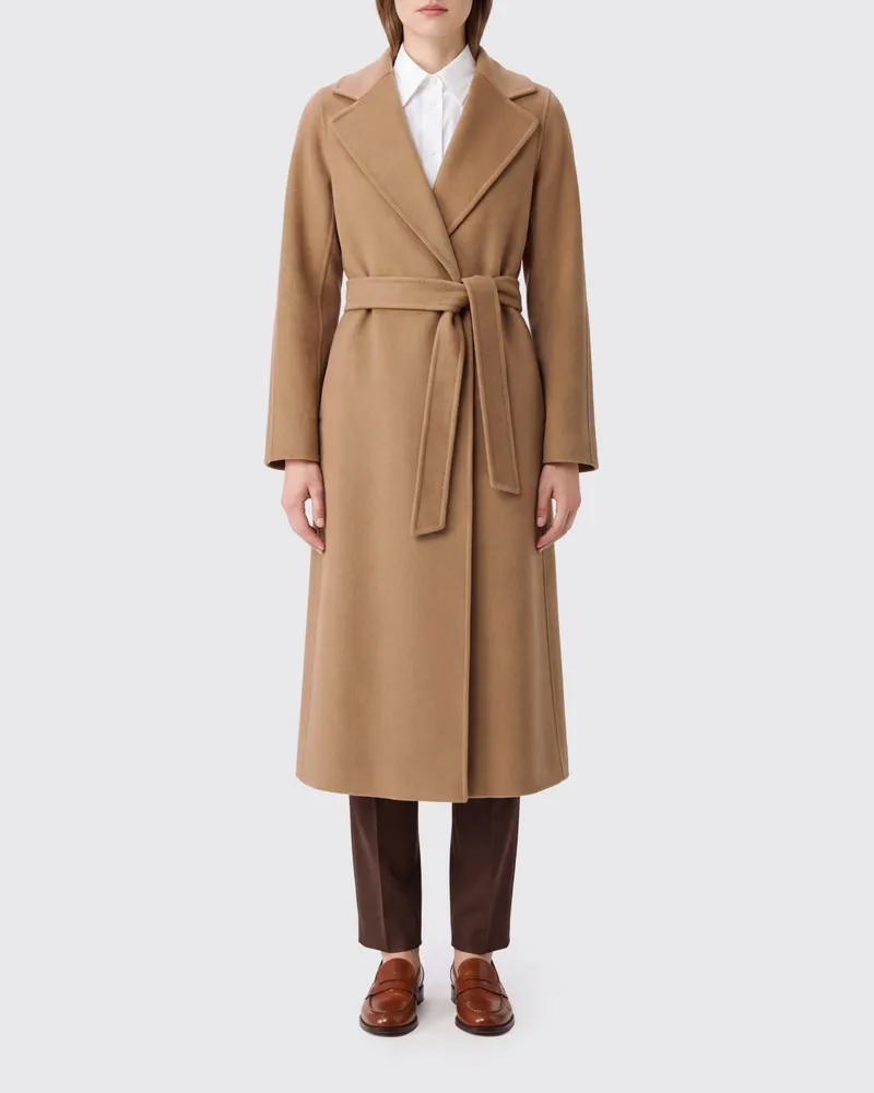 Max Mara Langer Wickelmantel aus Wolle mit Gürtel und Reverskragen Camel