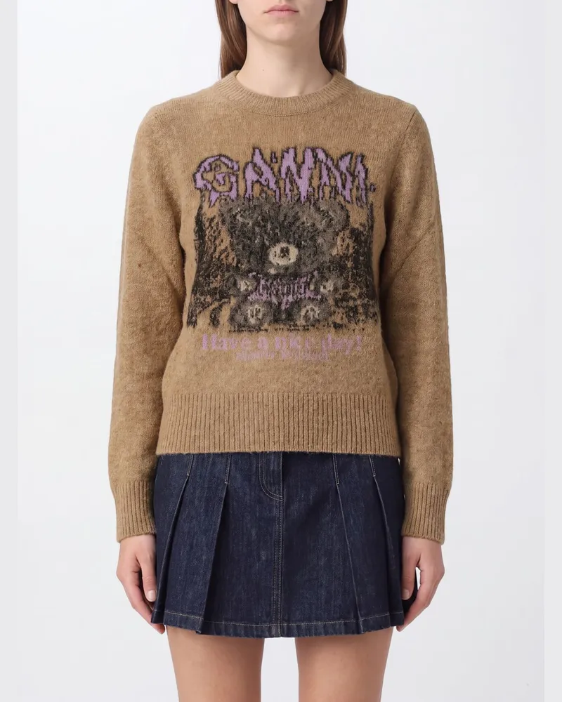 Ganni Cardigan aus Alpaka-Wollmischung mit Jacquard-Logo und Rundhalsausschnitt Camel