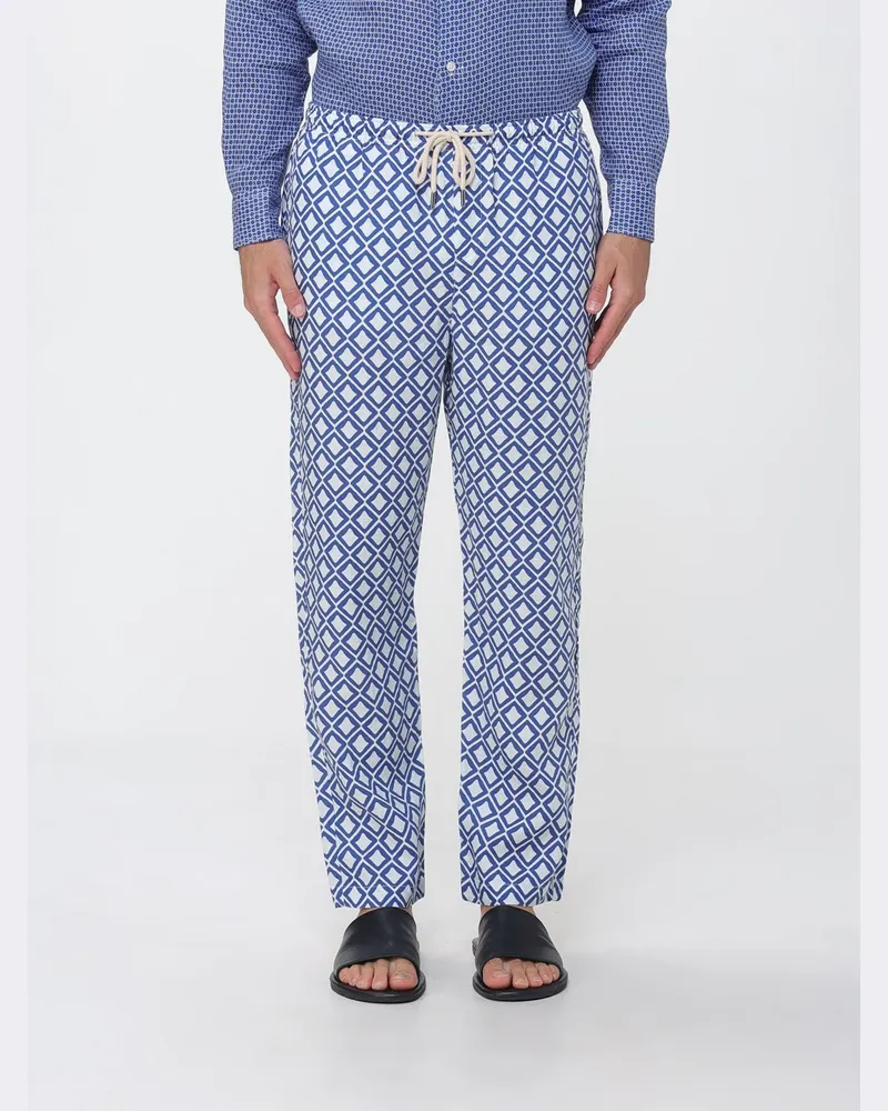 PENINSULA Leinenhose mit geradem Bein, ethnischem Muster und Kordelzug Blau