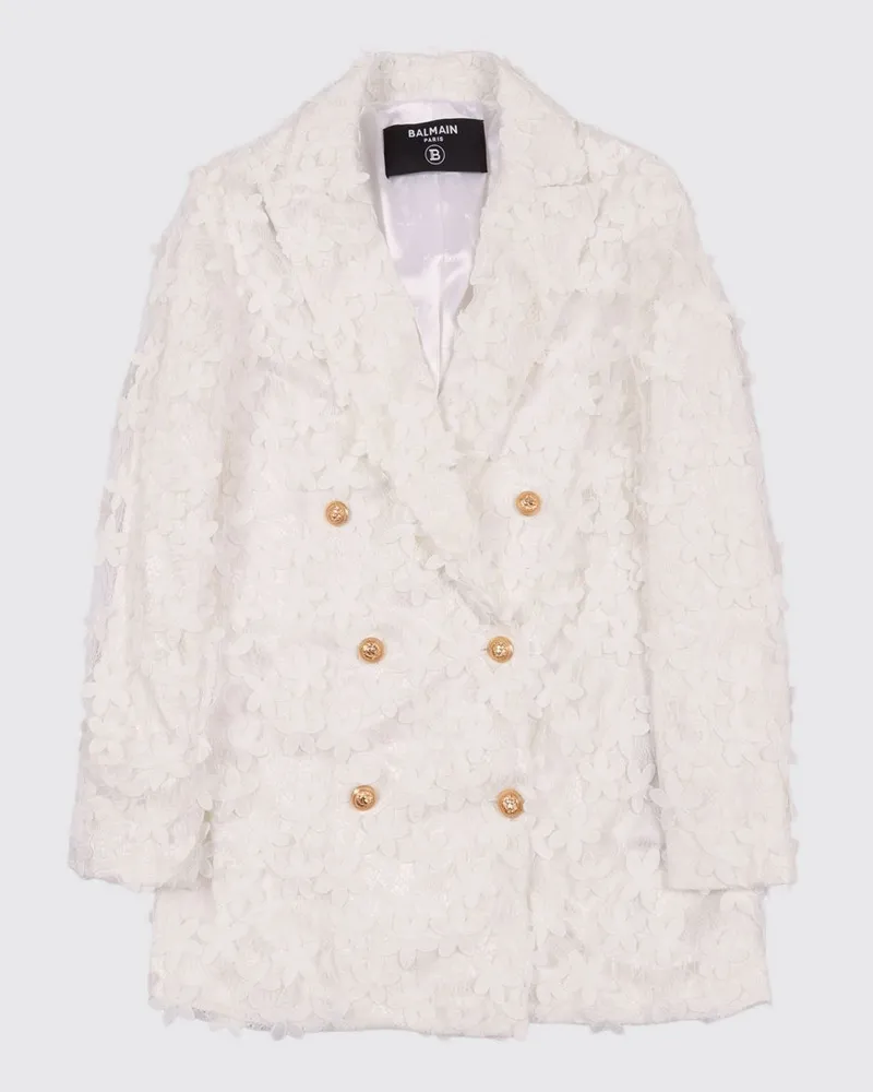 Balmain Zweireihiger Blazer mit Allover-Blumenmuster Weiß