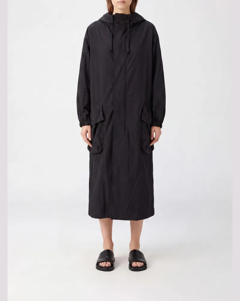 Yohji Yamamoto Langer Nylon-Parka mit verstellbarer Kapuze, hohem Kragen und aufgesetzten Taschen Schwarz