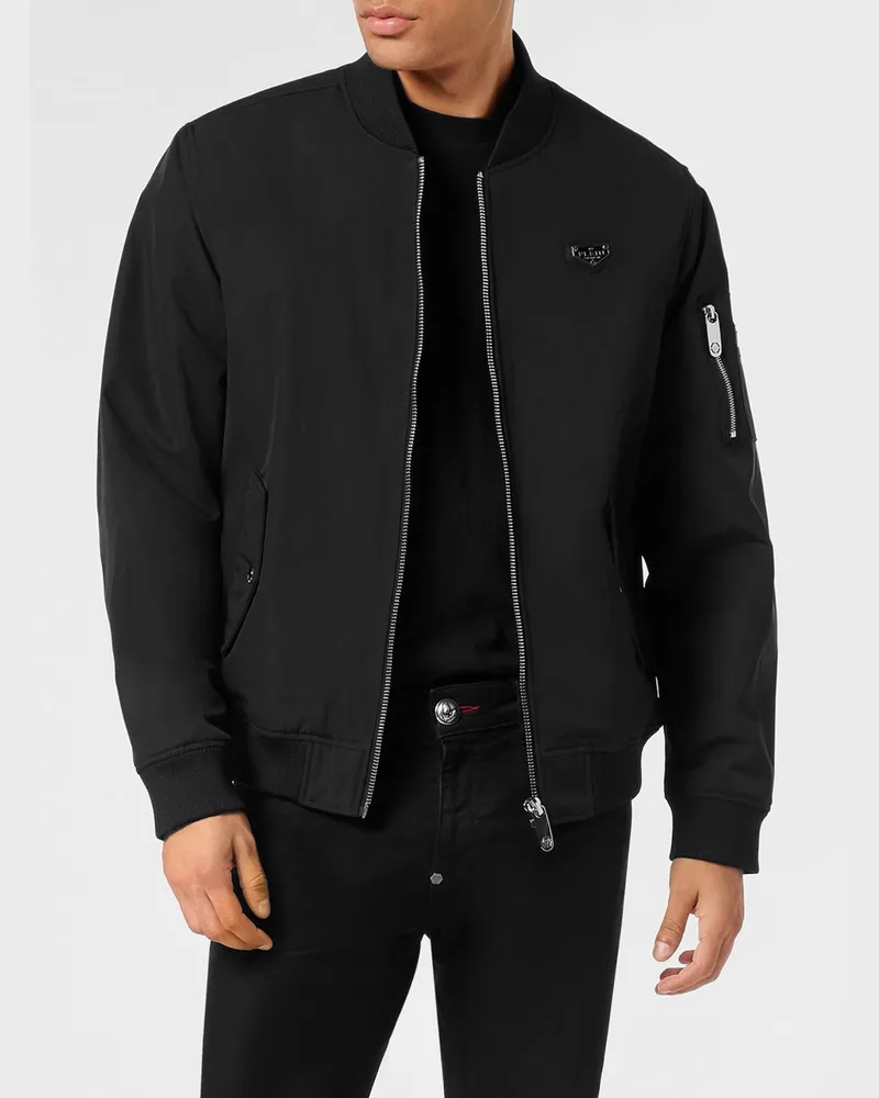 Philipp Plein Bomberjacke aus technischem Gewebe mit Kontrastlogo und Reißverschluss Schwarz