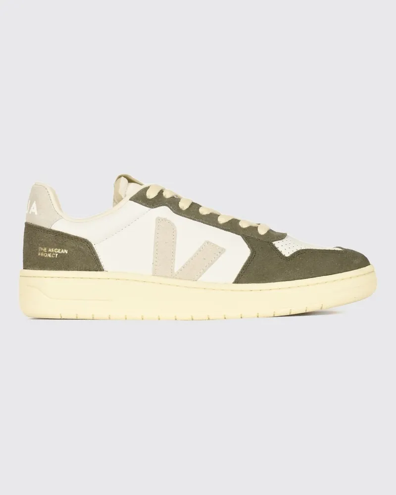 VEJA V-82 Zweifarbige O.T.-Leder-Sneaker mit perforierter Spitze und Kontrastlogo Kaki
