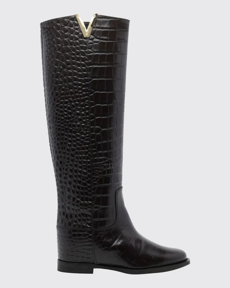 Via Roma 15 Kniehohe Stiefel aus Leder mit Krokoprägung und Keilabsatz Dark