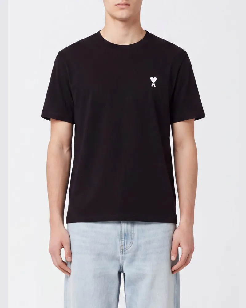 AMI Paris T-Shirt aus Baumwolle mit Rundhalsausschnitt, gesticktem Ami de Coeur-Logo und überschnittenen Schultern Schwarz