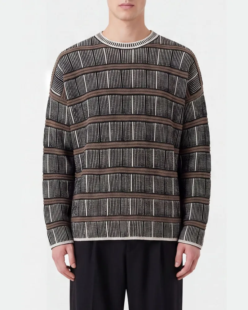 Giorgio Armani Gestreifter Pullover mit Rundhalsausschnitt von aus Seide-Wolle-Mix mit Rippbündchen Navy