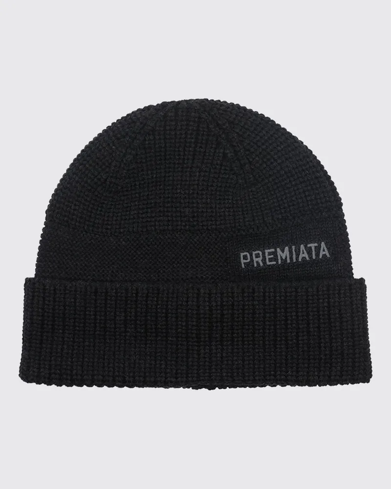 Premiata Beanie-Mütze aus reiner Merinowolle mit Kontrastlogo und Umschlag Schwarz
