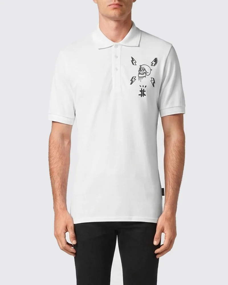 Philipp Plein Slim-Fit-Polohemd aus Baumwolle mit Totenkopf-Print und Logo Weiß