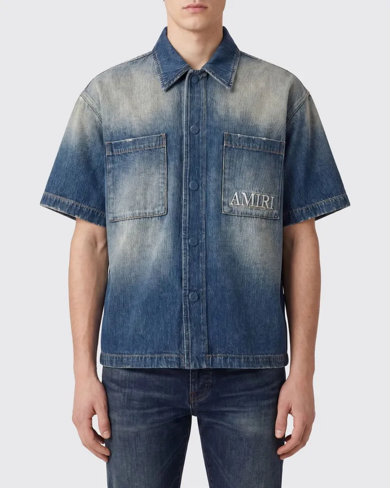 Amiri Kurzärmeliges Vintage-Denim-Hemd mit gesticktem Logo und aufgesetzten Taschen Sand