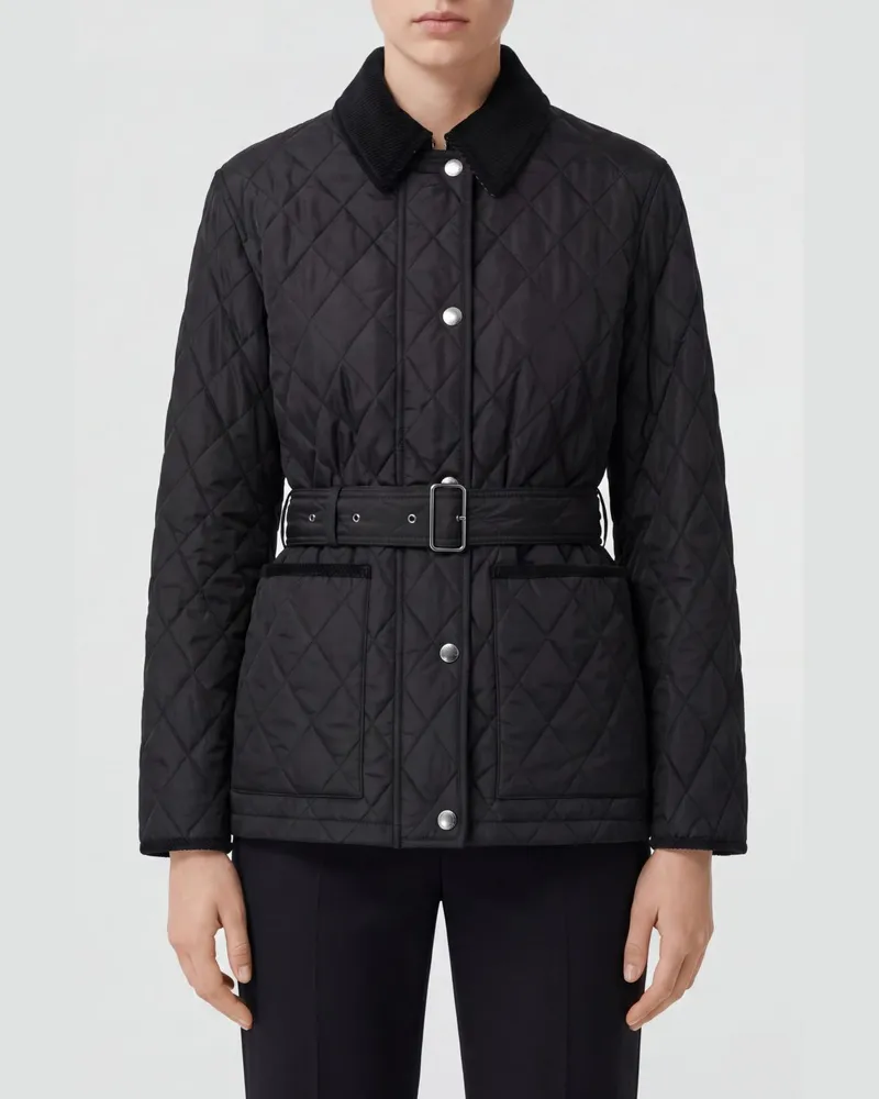 Burberry Gesteppte Nylonjacke mit Samtkragen und Gürtel Schwarz
