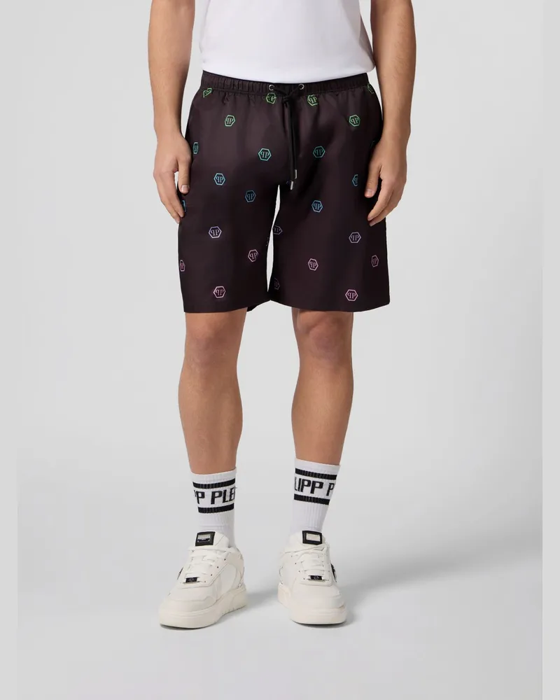 Philipp Plein Twill-Jogging-Shorts mit Monogramm-Print und Hexagon-Logo Schwarz