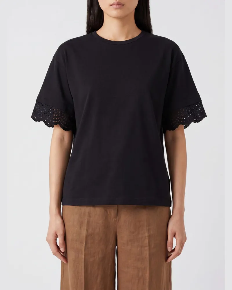 Alberta Ferretti Kurzärmeliges Baumwoll-T-Shirt mit gesticktem Logo auf der Rückseite Schwarz